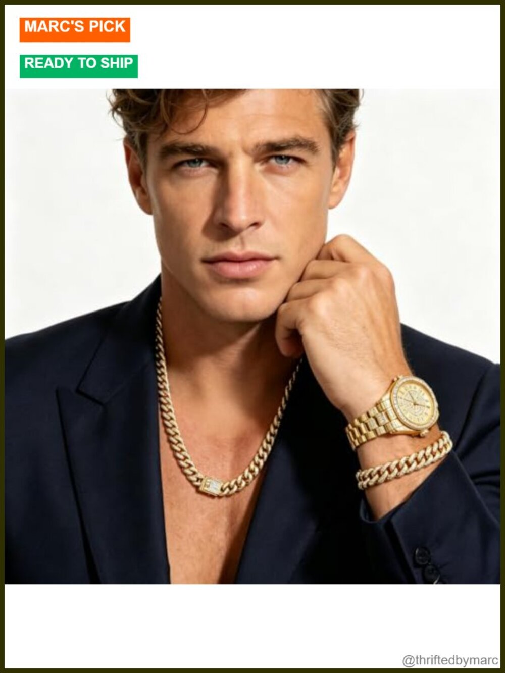 Men's 4pc Cuban Link Jewelry Set with Diamond Watch & Bracelets Stainless Steel - Picture 6 of 6